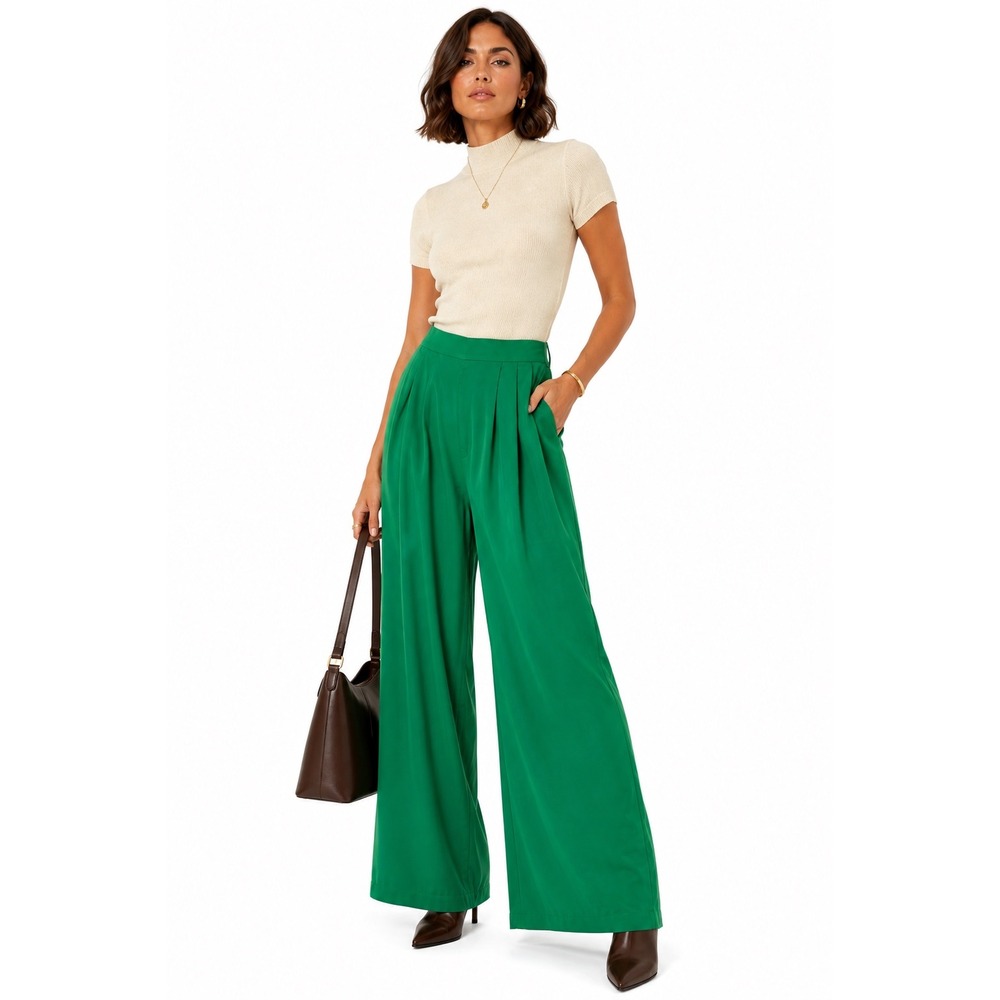 Minimalist Green Pleated Wide Leg Trousers Spring + Mercer Size L